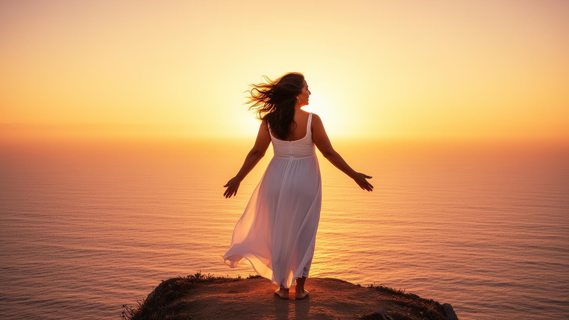 Mujer al amanecer abriendo los brazos al horizonte dorado